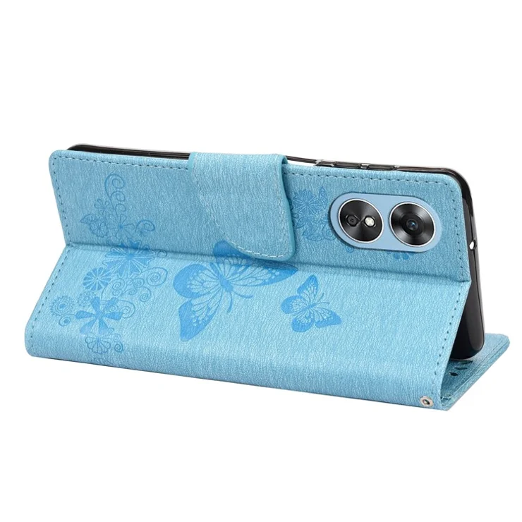 Mobile Phone Case for Oppo A17 4G / A17k 4G Wallet Phone Case Butterflies Flower Imprinting PU Leather Flip Folio Phone Cover with Stand - Blue