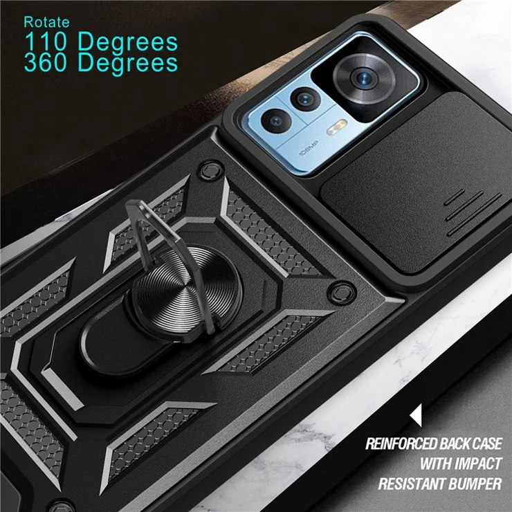 For Xiaomi 12T Pro 5G Phone Case Hands-free Ring Holder Kickstand PC + TPU Protective Back Cover with Slide Camera Protector - Blue