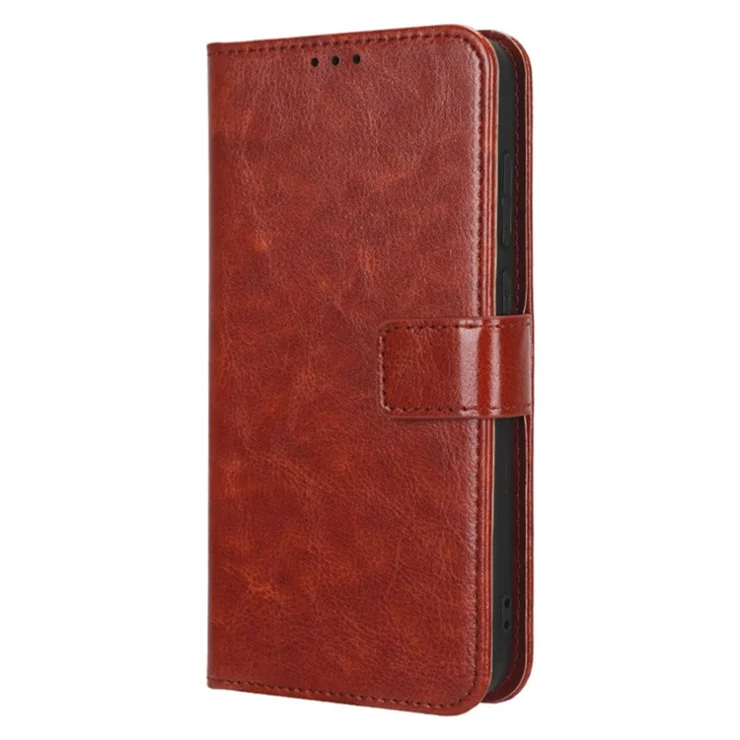 Magnetic Clasp Phone Wallet Case For TECNO Pop 6 4G / BE7, Crazy Horse Texture PU Leather Anti-Shock Phone Cover Stand with Strap - Brown