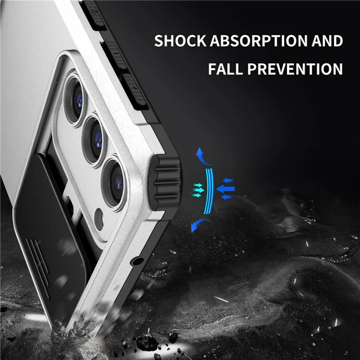 For Samsung Galaxy S23+ Kickstand PC + TPU Phone Case Slide Camera Protector Shockproof Cover - White