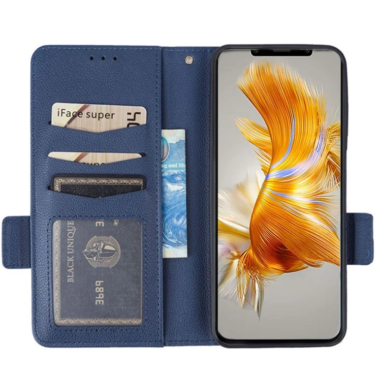For Huawei Mate 50 Pro 4G Magnetic Phone Cover Litchi Texture Wallet Foldable Stand PU Leather Flip Phone Case with Strap - Dark Blue