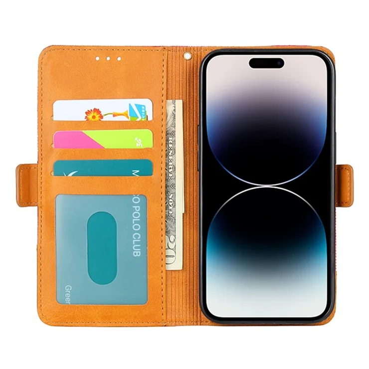 Bi-color Design Phone Stand Case Bag for iPhone 14 Pro Max, Anti-scratch Canvas+PU Leather+TPU Magnetic Clasp Wallet Cover - Blue
