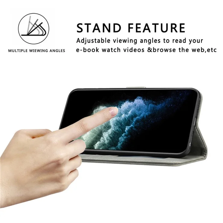 For Samsung Galaxy S23 Ultra Slim Fit Phone Case Magnetic Clasp PU Leather Stand Cell Phone Flip Wallet Cover with Strap - Grey