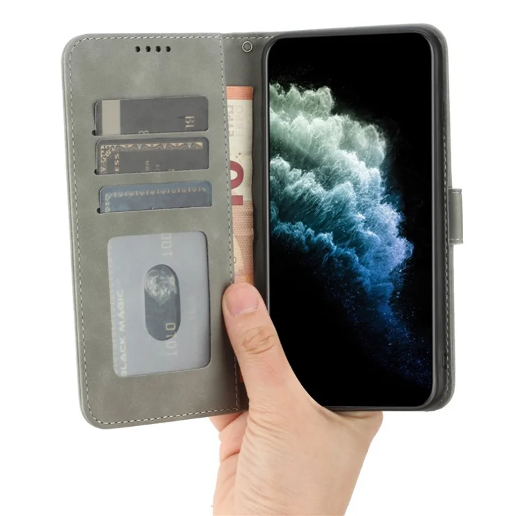 For Samsung Galaxy S23 Ultra Slim Fit Phone Case Magnetic Clasp PU Leather Stand Cell Phone Flip Wallet Cover with Strap - Grey