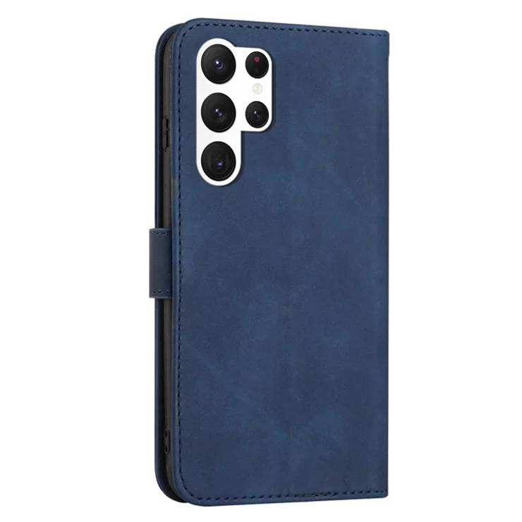 For Samsung Galaxy S23 Ultra Slim Fit Phone Case Magnetic Clasp PU Leather Stand Cell Phone Flip Wallet Cover with Strap - Blue