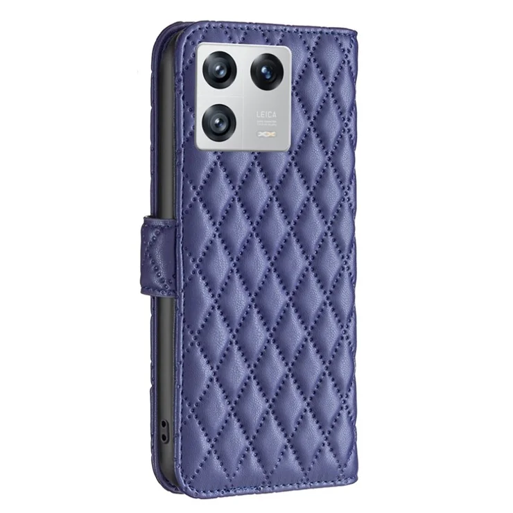 BINFEN COLOR BF Style-14 For Xiaomi 13 Imprinted Rhombus Pattern Magnetic Closure Flip Case PU Leather Wallet Book Stand Phone Cover - Blue
