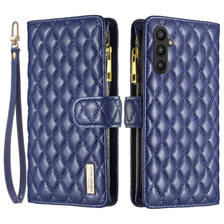 BINFEN COLOR BF Style-15 for Samsung Galaxy A34 5G Imprinted Rhombus Pattern PU Leather Case Folio Magnetic Wallet Stand Zipper Pocket Phone Cover with Strap - Blue