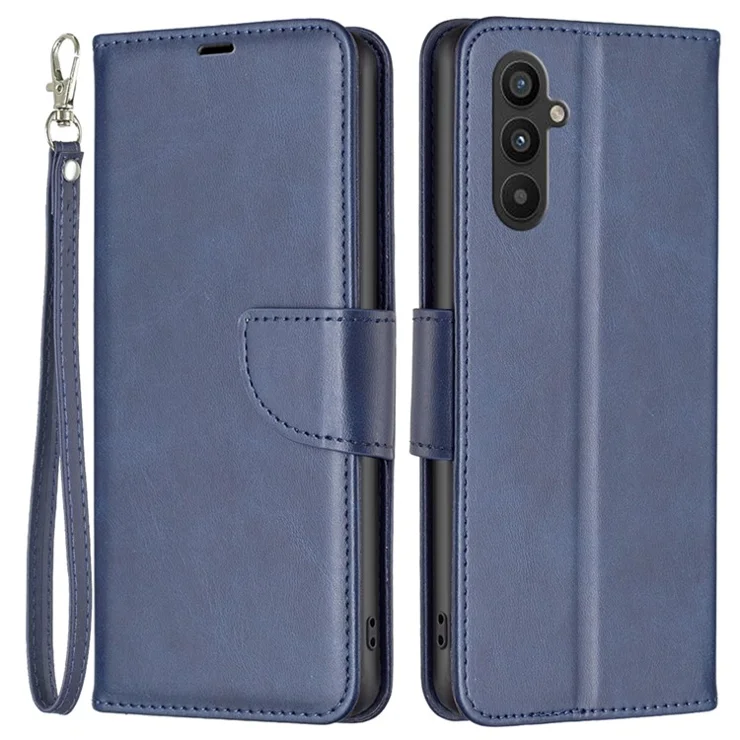 For Samsung Galaxy A34 5G Case Smooth Leather Wallet Stand Mobile Phone Cover with Strap - Blue