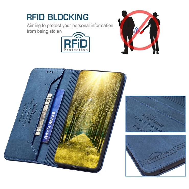 BINFEN COLOR For Samsung Galaxy A34 5G Leather Case Mobile Cover Stand with RFID Blocking Card Holder - Blue