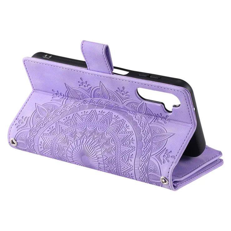 For Samsung Galaxy A54 5G PU Leather Mandala Flower Imprinted Handbag Zipper Pocket Case Stand Multiple Card Slots Flip Cover with Strap - Purple