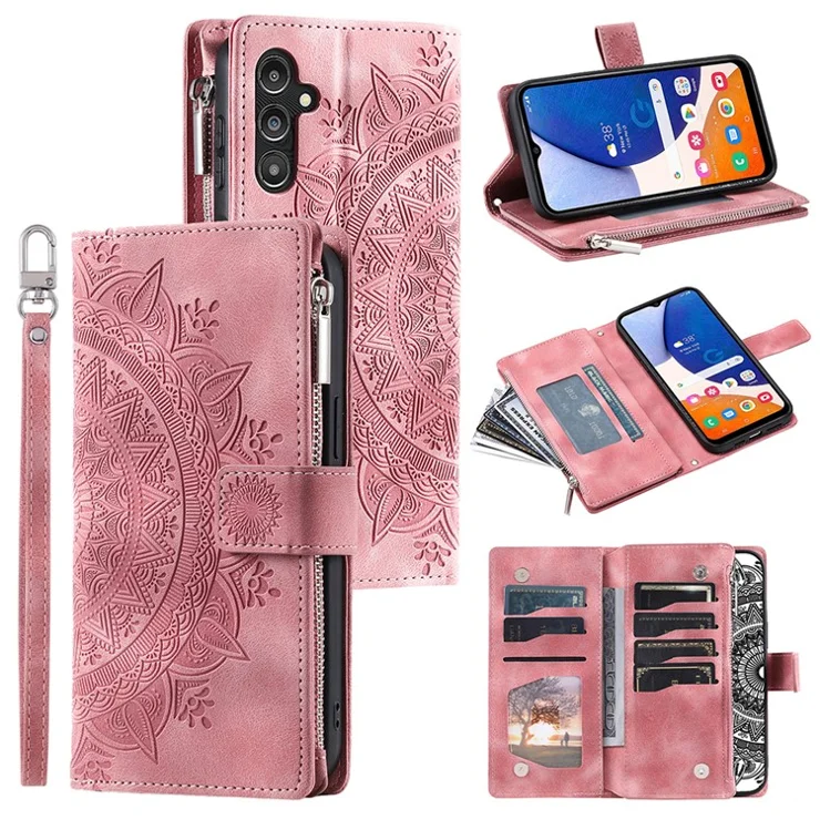 For Samsung Galaxy A14 5G / A14 4G PU Leather Case Mandala Flower Imprinted Multiple Card Slots Wallet Stand Flip Cover with Strap - Rose Gold