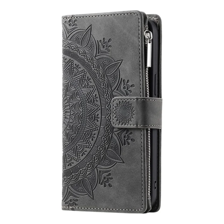 For Samsung Galaxy A14 5G / A14 4G PU Leather Case Mandala Flower Imprinted Multiple Card Slots Wallet Stand Flip Cover with Strap - Grey