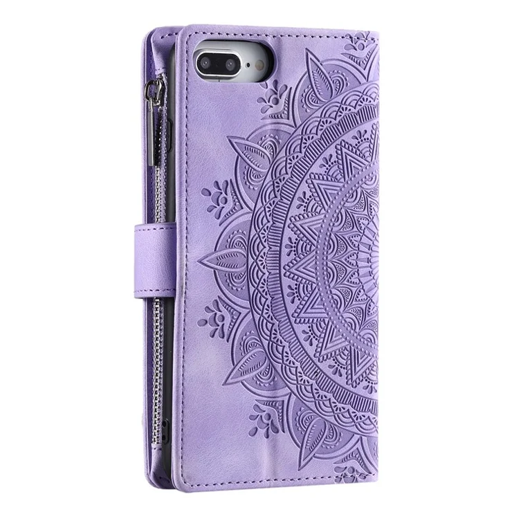 For iPhone 7 Plus / 8 Plus 5.5 inch Zipper Pocket Wallet Case PU Leather Stand Multiple Card Slots Mandala Flower Imprinted Phone Cover with Strap - Purple