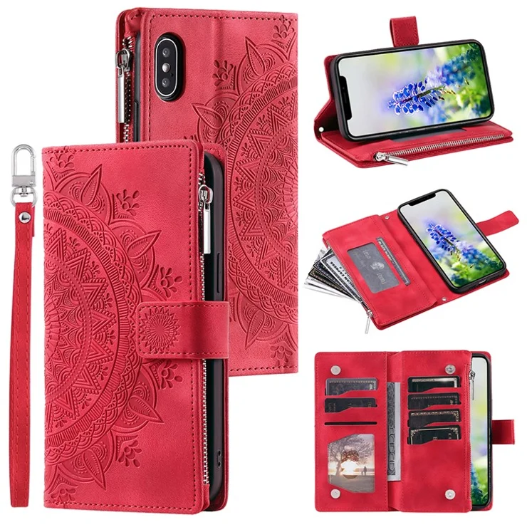 For iPhone X / XS 5.8 inch Mandala Flower Imprinted PU Leather Wallet Phone Case Multiple Card Slots Magnetic Closure Zipper Pocket Handbag Stand Flip Cover with Strap - Red