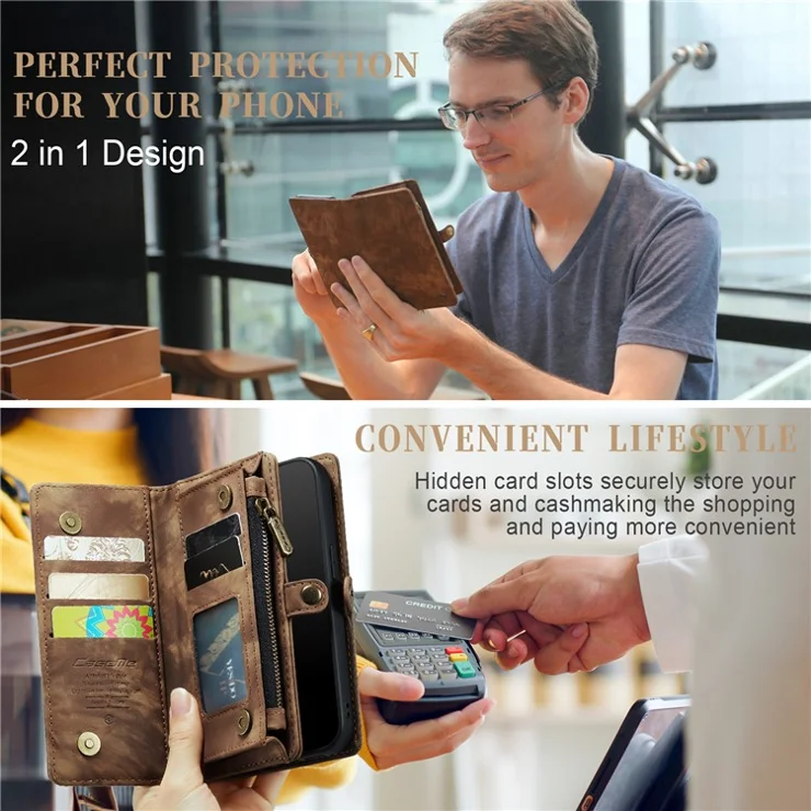 CASEME 008 Series for iPhone 6 / 6s / 7 / 8 4.7 inch / SE (2020) / (2022) PU Leather Zipper Pocket Case Detachable Phone Cover with Stand Wallet - Brown