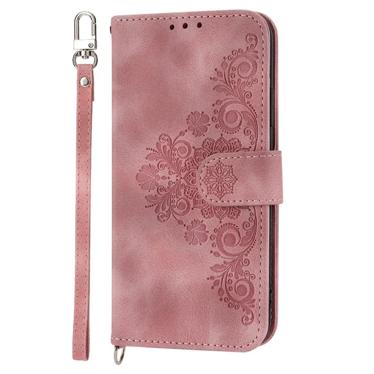 For Xiaomi 13 PU Leather Wallet Phone Cover Skin-touch Feeling Imprinted Flowers Stand Case with Wrist Strap and Shoulder Strap - Pink