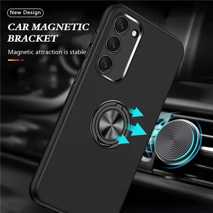 for Samsung Galaxy S23+ Rotation Ring Kickstand Drop-proof Case Hard PC+Soft TPU Dual Layer Protection Phone Cover - Black
