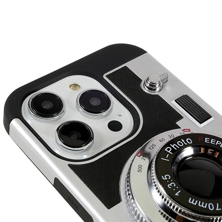 For iPhone 14 Pro Vintage Style Classic Camera Phone Case PU Leather + TPU + PC Drop Protection Cover with Lanyard - Black