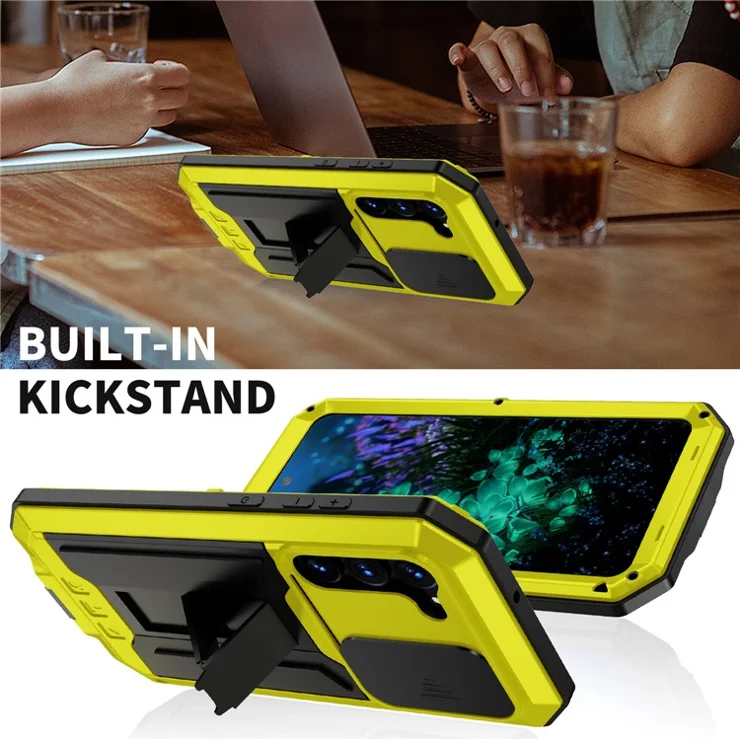 R-JUST For Samsung Galaxy S23+ Slide Camera Lid PC+Silicone+Metal Phone Case Kickstand Drop-proof Cover with Tempered Glass Screen Protector - Yellow