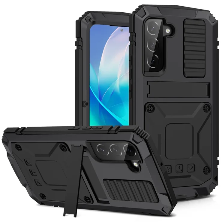 R-JUST For Samsung Galaxy S23 Hidden Kickstand PC+Silicone+Metal Shockproof Case Waterproof Dust-proof Back Cover with Tempered Glass Screen Protector - Black