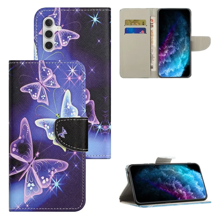 For Samsung Galaxy A54 5G Pattern Printing PU Leather Wallet Case Cross Texture Magnetic Closure Stand Flip Phone Cover - Sparkling Butterflies