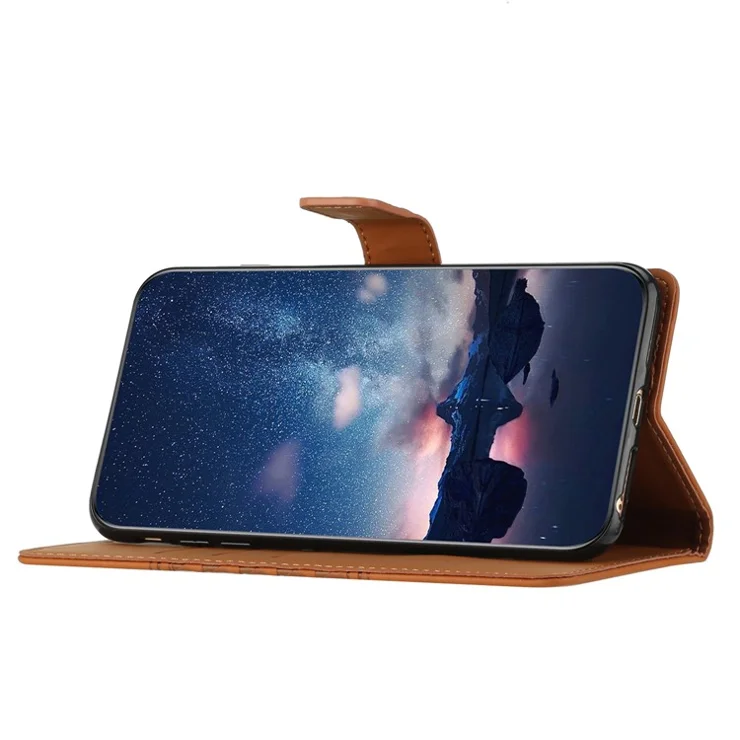 For iPhone 13 mini 5.4 inch Retro Imprinted Pattern Cell Phone Case Stand Anti-drop Skin Touch Feeling Flip Leather Wallet Cover with Strap - Brown