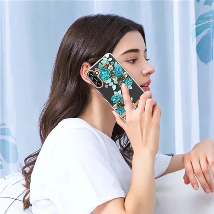 For Samsung Galaxy A14 5G / A14 4G Case IMD IML Flower Pattern Electroplated TPU Back Cover - HC002 Blue Rose
