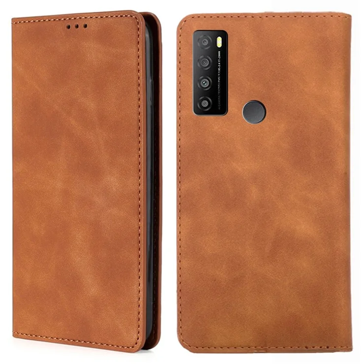 For TCL 30 XL PU Leather Card Slot Stand Phone Case Skin-touch Feeling Magnetic Absorption Flip Cover - Light Brown