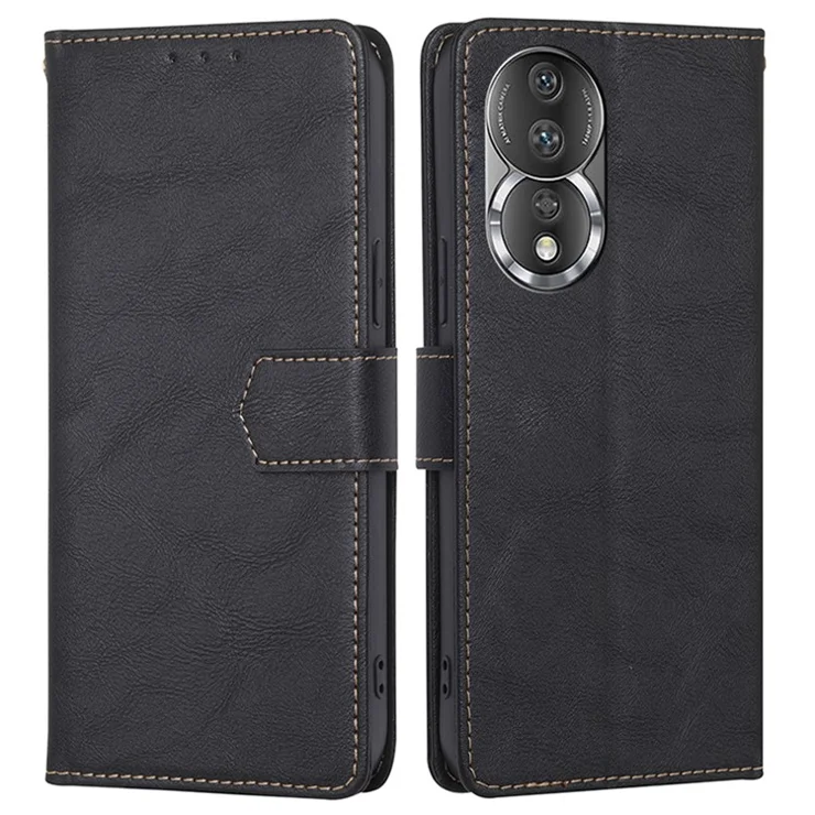 For Honor 80 5G Cowhide Texture PU Leather Flip Folio Case Wallet RFID Blocking Stand Phone Cover - Black