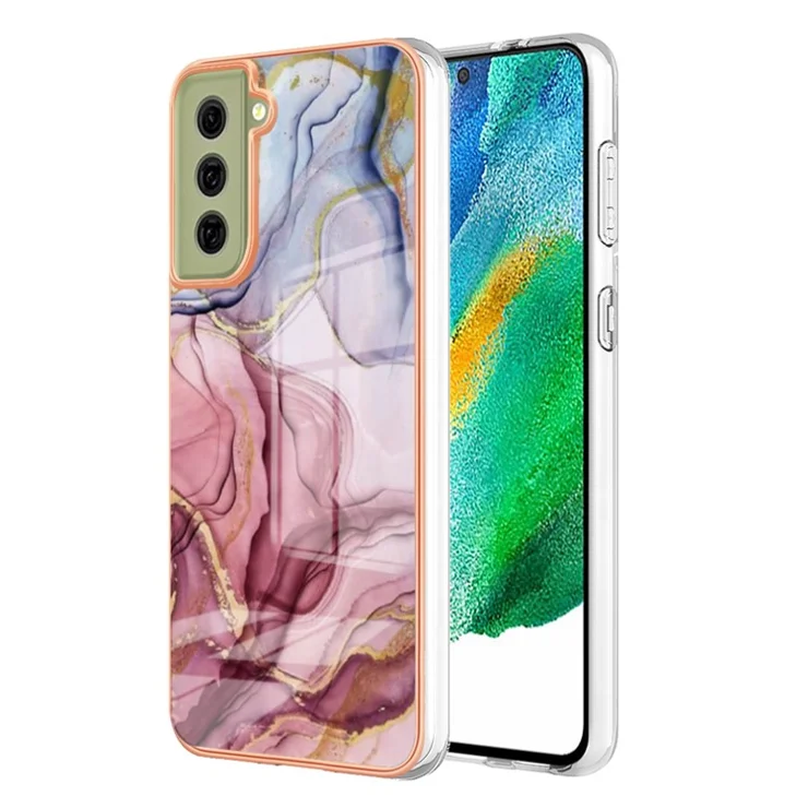 For Samsung Galaxy S21 FE 5G YB IMD Series-16 Style E Marble Pattern IMD Electroplating TPU Case Anti-scratch 2.0mm Phone Cover - Rose Gold