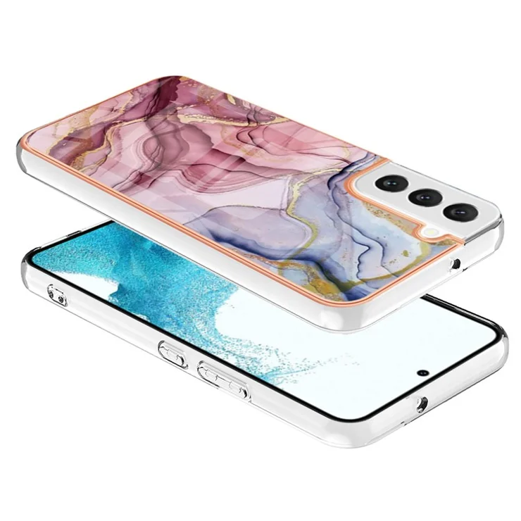 For Samsung Galaxy S22 5G YB IMD Series-16 Style E Electroplating Frame TPU Cover 2.0mm IMD Marble Pattern Anti-scratch Cell Phone Case - Rose Gold