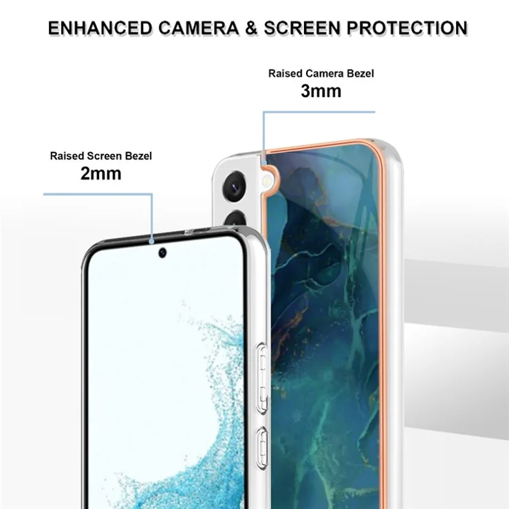 For Samsung Galaxy S22 5G YB IMD Series-16 Style E Electroplating Frame TPU Cover 2.0mm IMD Marble Pattern Anti-scratch Cell Phone Case - Green