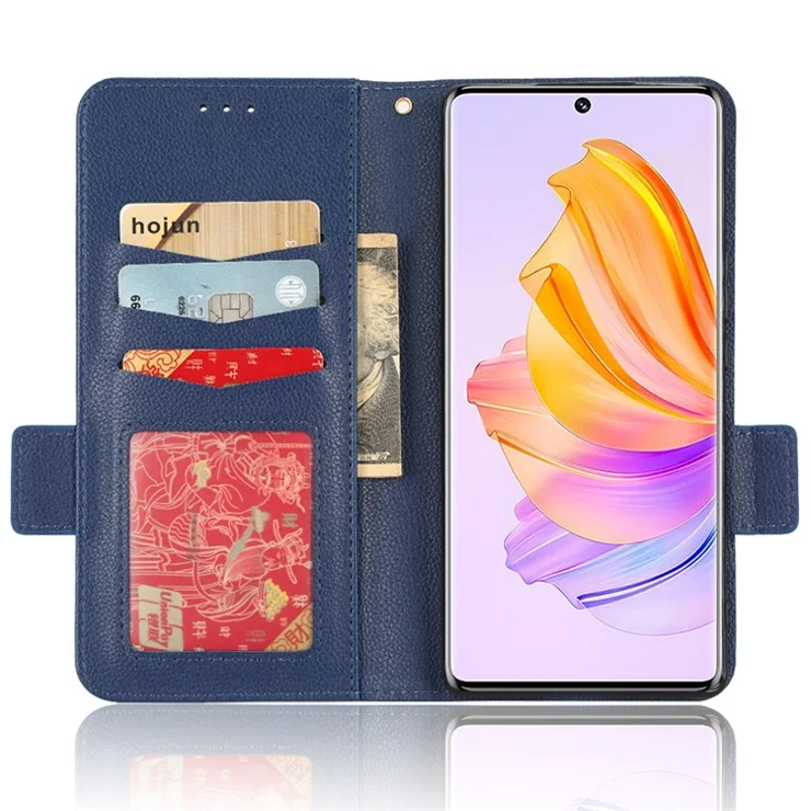 For Honor 80 SE 5G Magnetic Phone Cover Litchi Texture Stand Function Wallet PU Leather Shockproof Flip Phone Case with Strap - Dark Blue