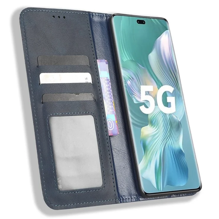 For Honor 80 Pro 5G Mobile Phone Case Wallet Retro Texture Imprinted Pattern PU Leather Magnetic Auto Closing Phone Cover - Blue