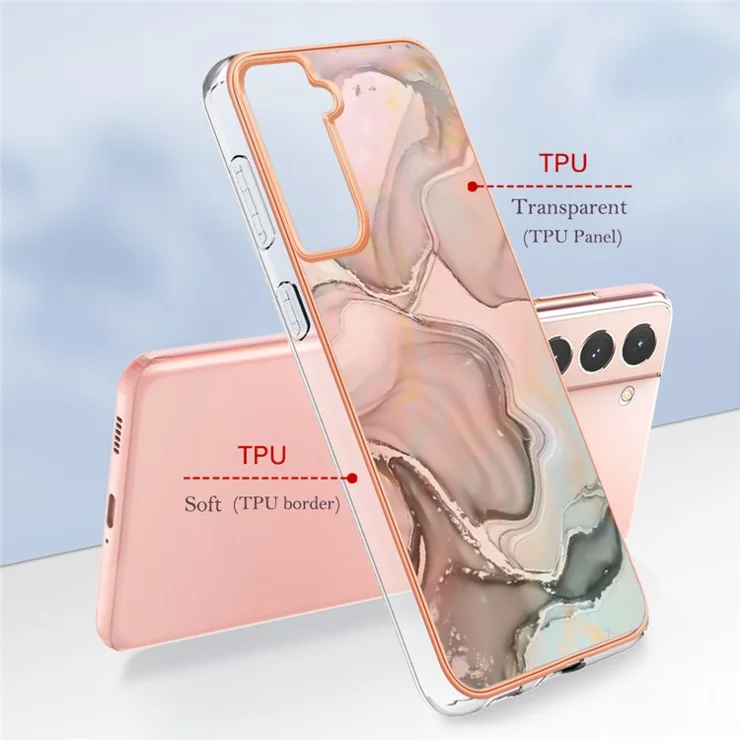 For Samsung Galaxy S21 5G / 4G Anti-Fall TPU Back Cover YB IMD Series-16 Style E 2.0mm Marble Pattern IMD Electroplating Protective Phone Case - Pink