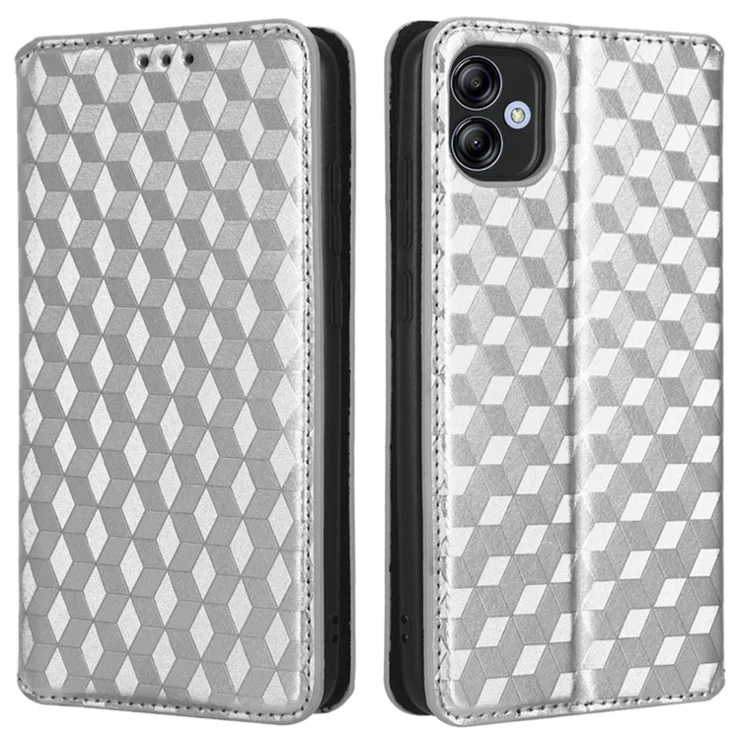 For Samsung Galaxy A04e 4G / F04 4G / M04 4G Rhombus Pattern Imprinted PU Leather Phone Case Wallet Style Magnetic Auto Closing Stand Cover - Silver