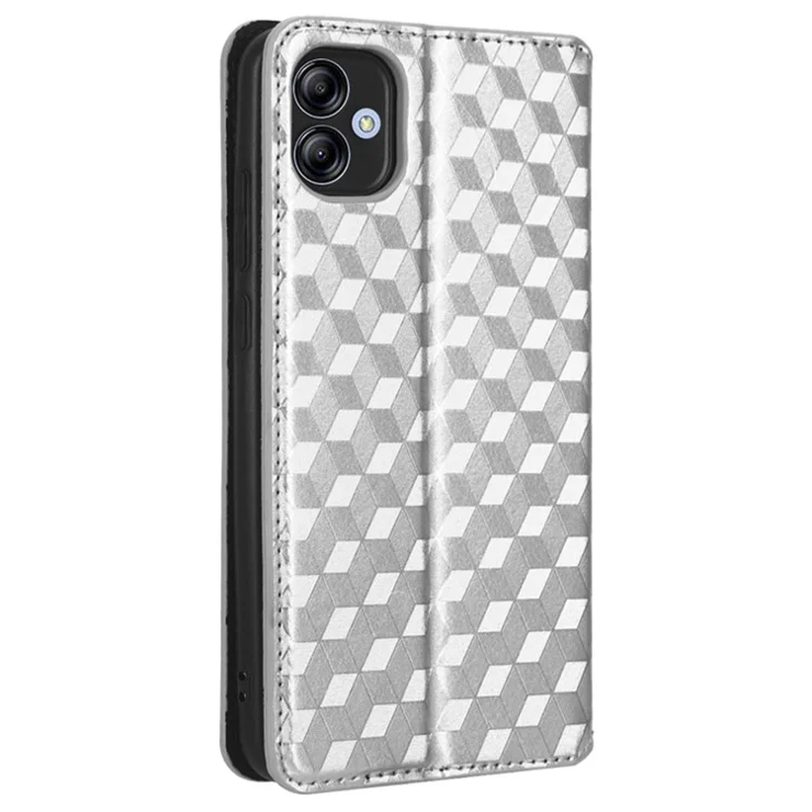 For Samsung Galaxy A04e 4G / F04 4G / M04 4G Rhombus Pattern Imprinted PU Leather Phone Case Wallet Style Magnetic Auto Closing Stand Cover - Silver