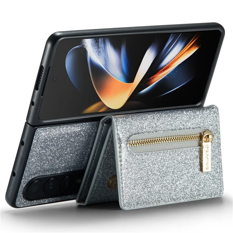 DG.MING M3 Series For Samsung Galaxy Z Fold3 5G 2-in-1 Glittery PU Leather Coated PC+TPU Anti-collision Back Case Magnetic Detachable Zipper Wallet Phone Cover with Kickstand - Silver