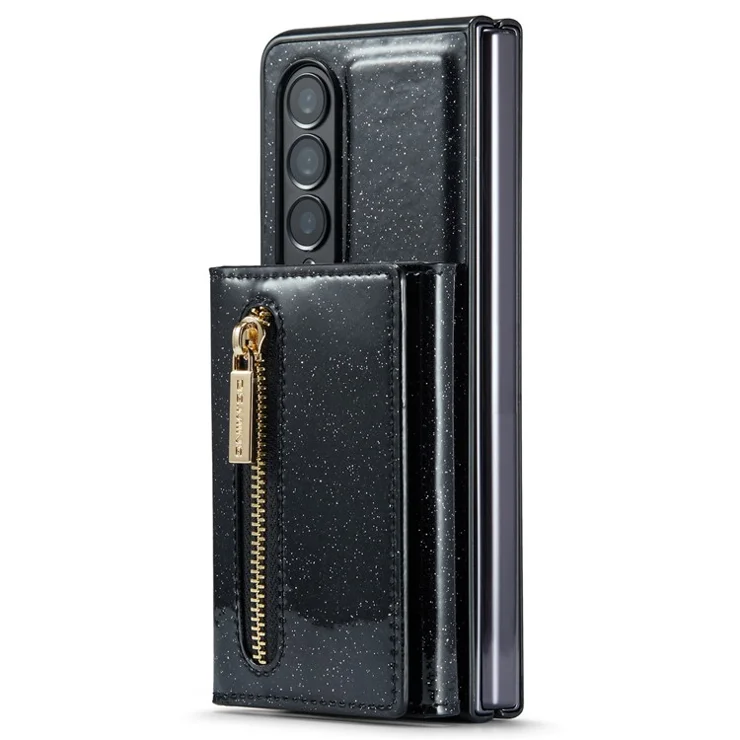 DG.MING M3 Series For Samsung Galaxy Z Fold4 5G 2-in-1 Glittery PU Leather Coated PC+TPU Back Case Magnetic Detachable Zipper Wallet Bump Proof Phone Cover with Kickstand - Black