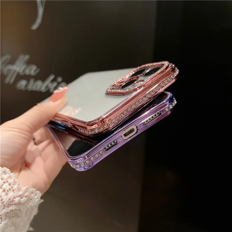 For iPhone 13 Pro Max 6.7 inch Rhinestone Decor TPU Cover Transparent Electroplating Phone Case with Precise Cutout PET Lens Protector - Pink