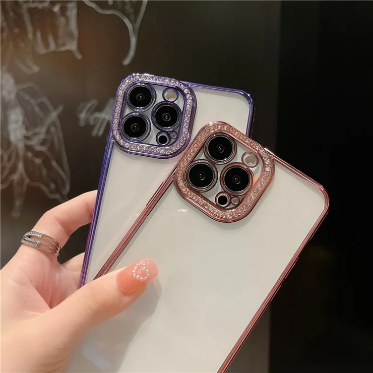 For iPhone 13 Pro Max 6.7 inch Rhinestone Decor TPU Cover Transparent Electroplating Phone Case with Precise Cutout PET Lens Protector - Silver