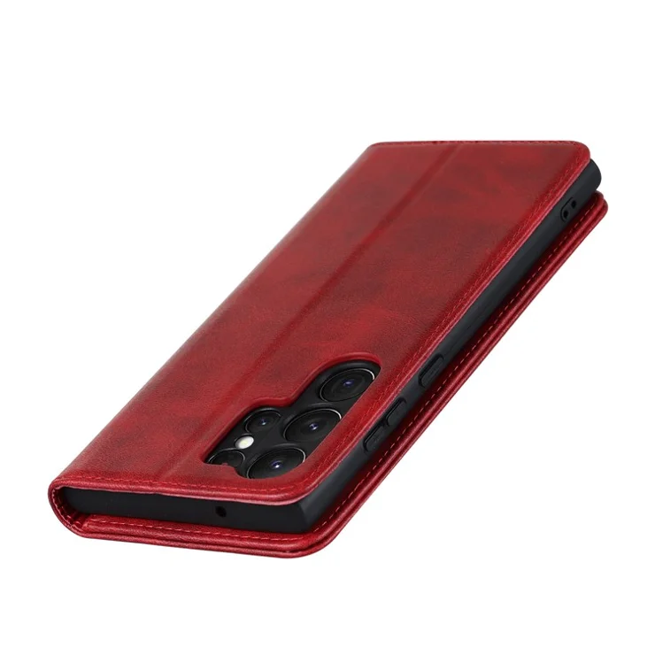 For Samsung Galaxy S23 Ultra Calf Texture PU Leather Stand Flip Folio Cover Magnetic Absorption Wallet Phone Case - Red