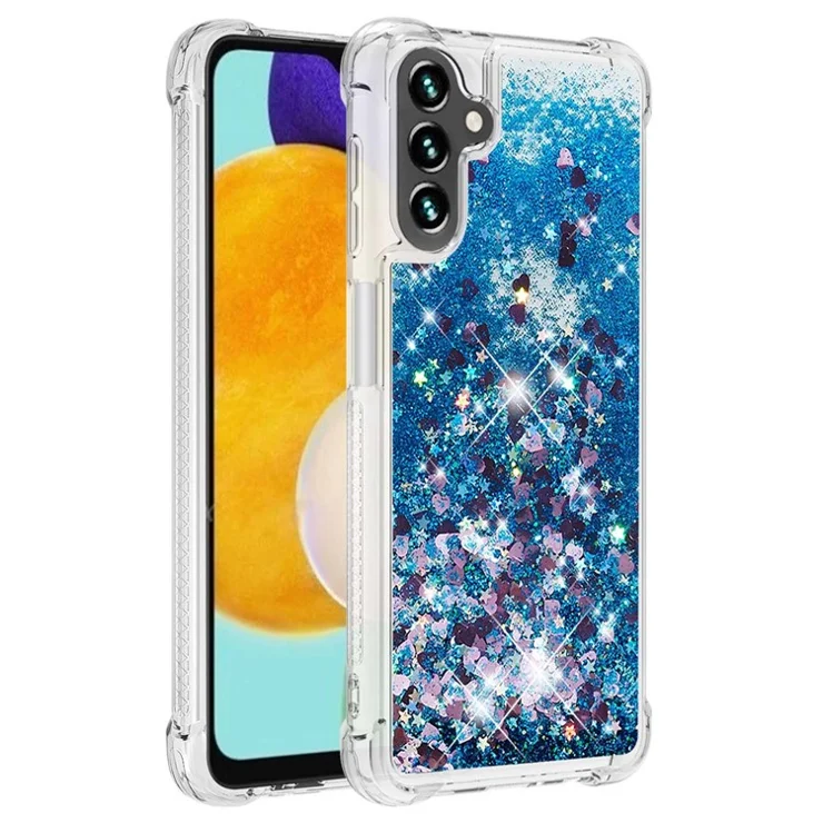 For Samsung Galaxy A34 5G TPU Case Glitter Quicksand Shockproof Phone Back Cover - Blue / Hearts