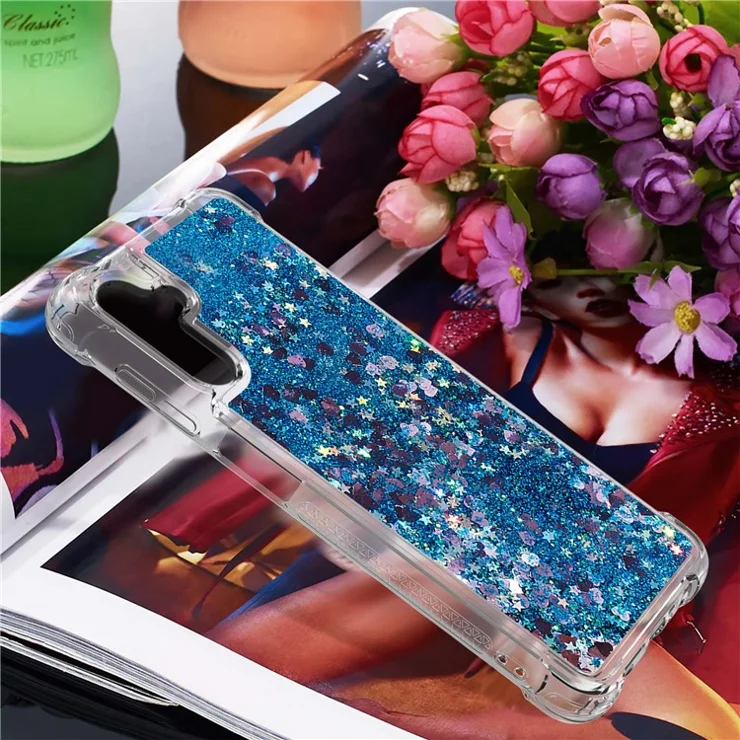 For Samsung Galaxy A34 5G TPU Case Glitter Quicksand Shockproof Phone Back Cover - Blue / Hearts