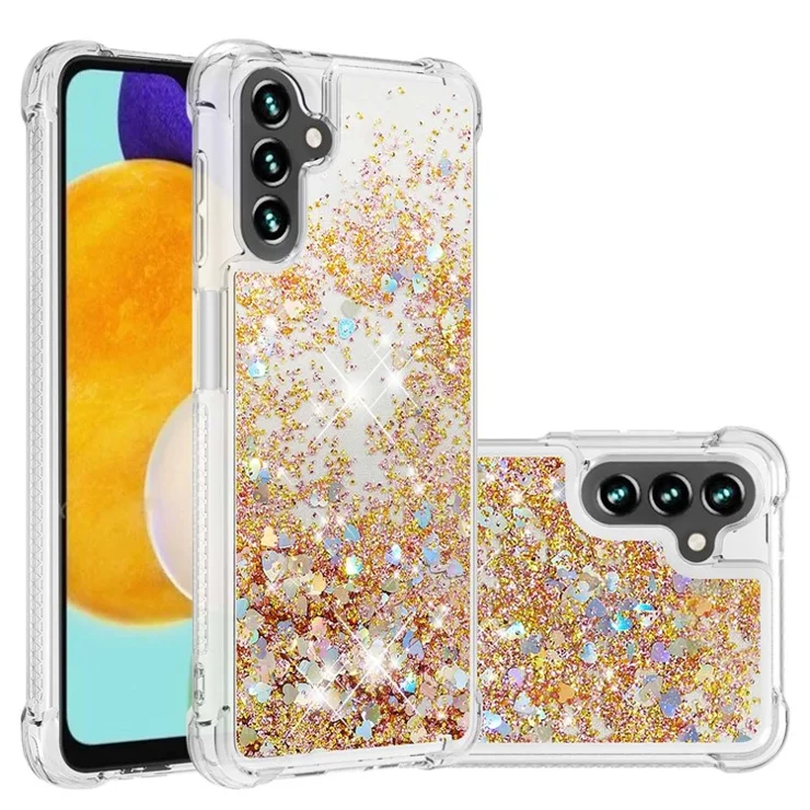 For Samsung Galaxy A34 5G TPU Case Glitter Quicksand Shockproof Phone Back Cover - Gold / Hearts