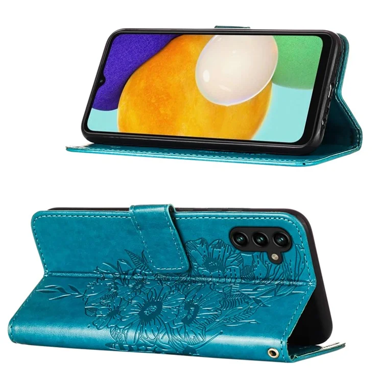 For Samsung Galaxy A34 5G Wallet Case with Wrist Strap Butterfly Imprint Leather Phone Cover - Blue