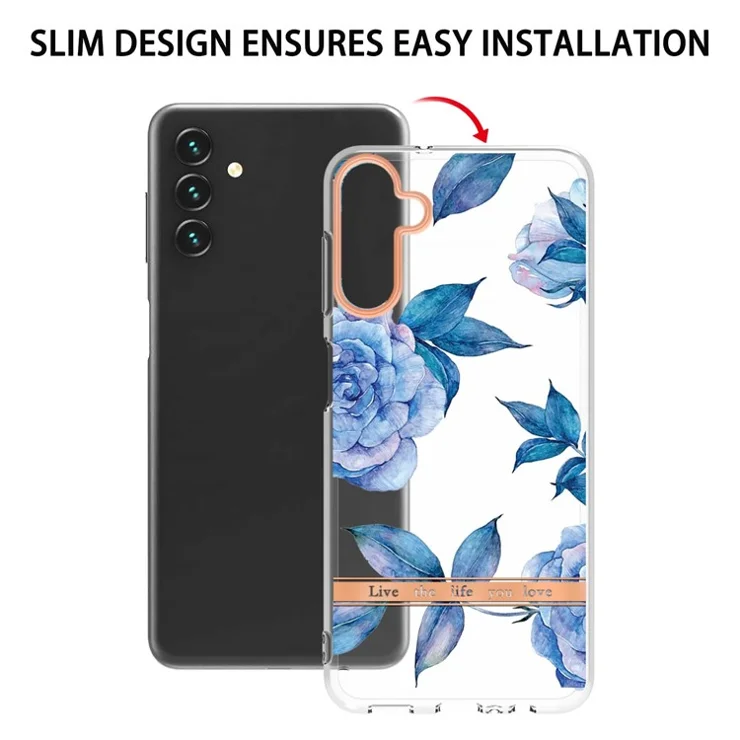 For Samsung Galaxy A54 5G Case IMD IML Flower Pattern Electroplated TPU Back Cover - HC003 Blue Peony