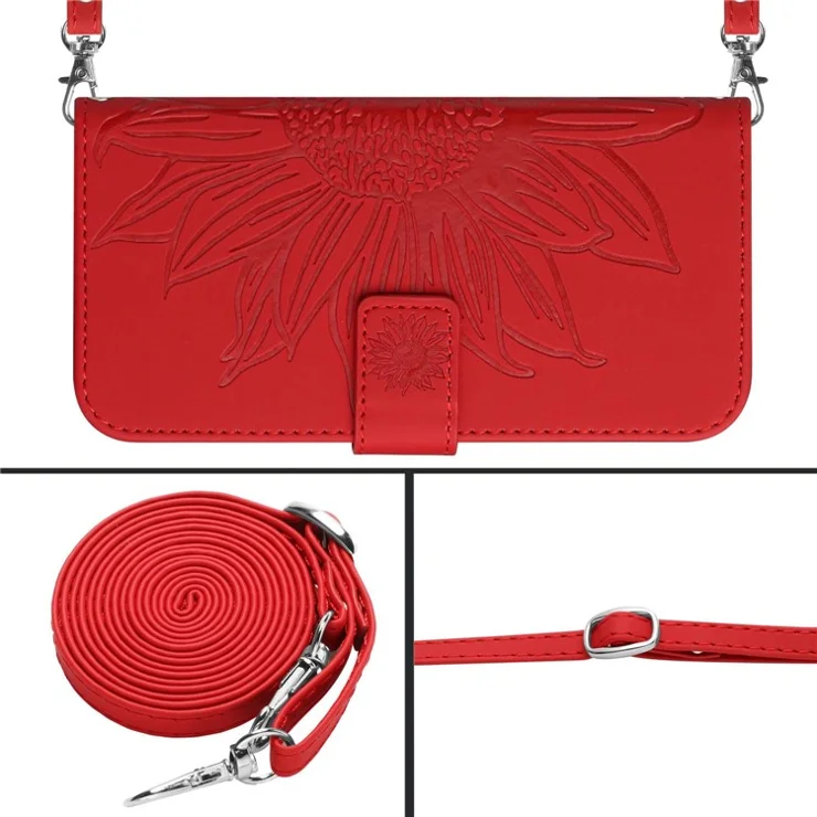HT04 Sunflower Imprinted Phone Case for Samsung Galaxy A34 5G, PU Leather Wallet Stand Skin-touch Shockproof Phone Cover with Shoulder Strap - Red