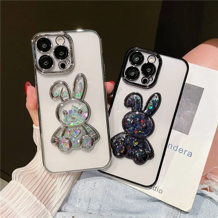For iPhone 13 Pro 6.1 inch Lovely Quicksand Rabbit Design Back Case Fall Proof Electroplating TPU Cover with Tempered Glass Lens Film - Red