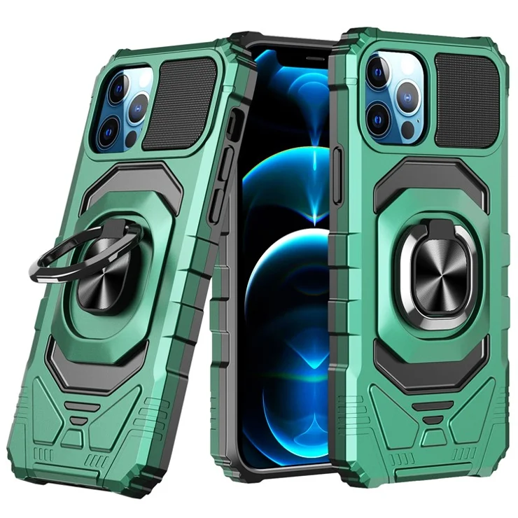 Bulk Purchasing For iPhone 12 Pro Max Kickstand Design Air Cushions PC + TPU Hybrid Phone Case - Midnight Green